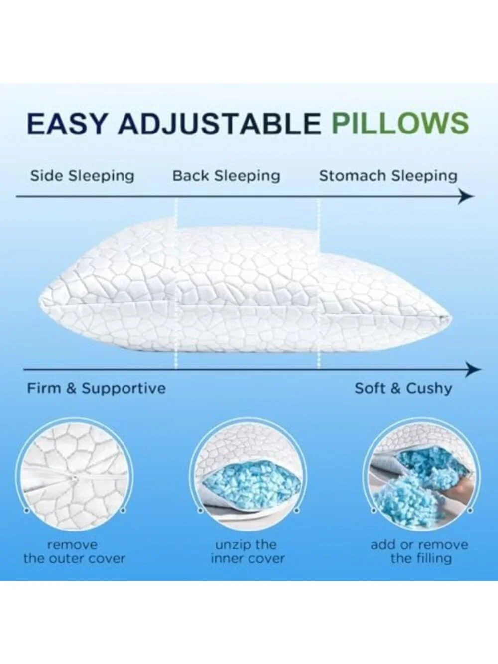 Cooling Queen Size Pillows Set of 2 - Shredded Memory Foam, Adjustable Firmness